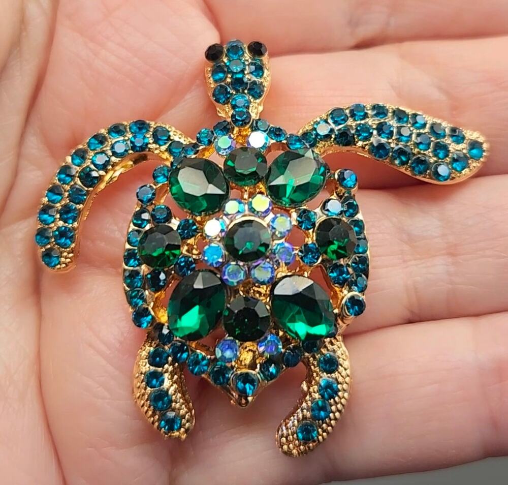 Sea Turtle Brooch: Blue Green Faux Jewels & Crystal Sealife